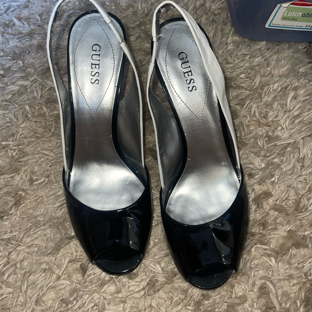 GUESS Black and Silver Peep Toe Heels